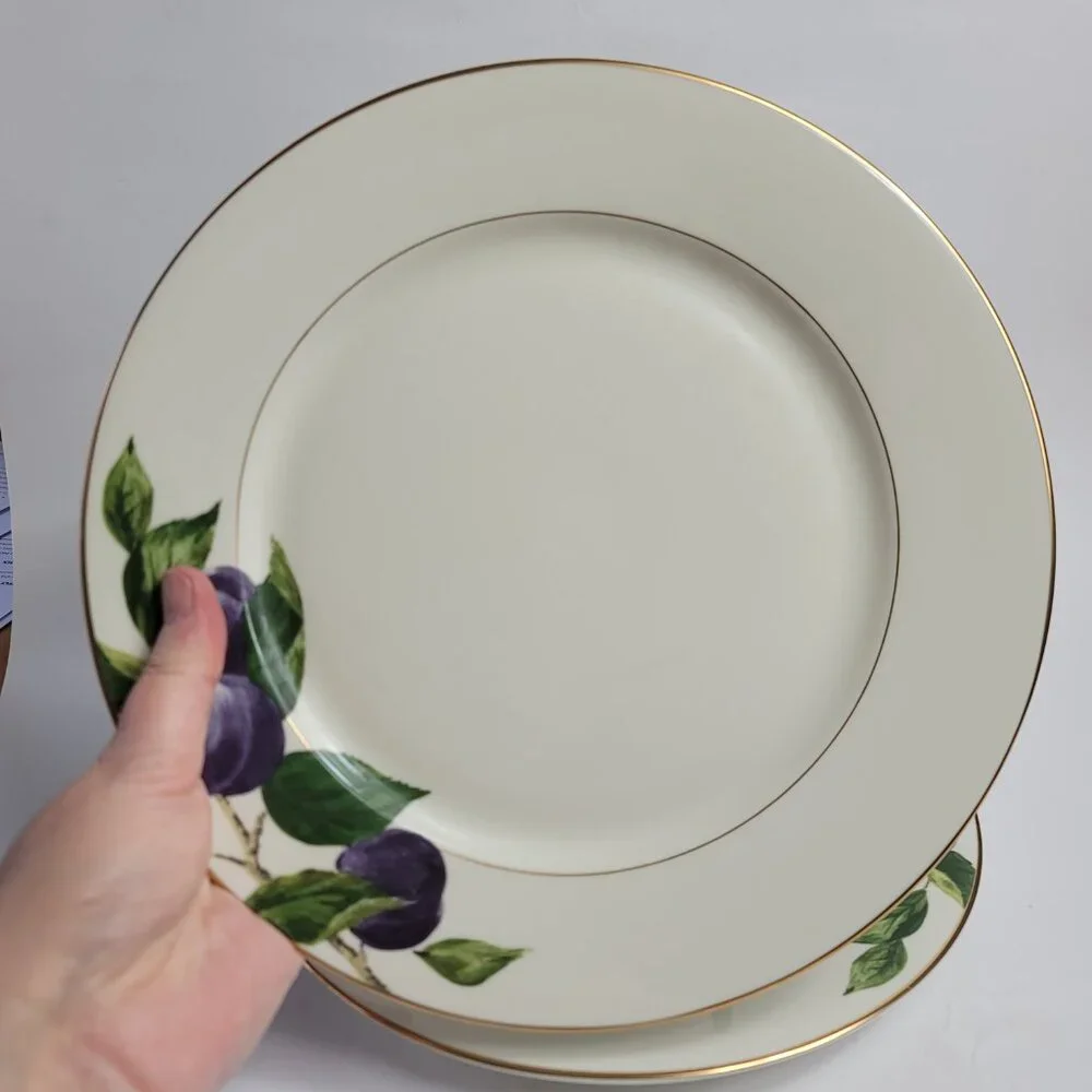 TWO Mikasa Plum L3132 Court Dinner Plates White with Purple Plums Green Leaves